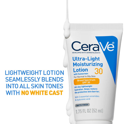 CeraVe Ultra-Light Moisturizing Lotion With SPF 30, Daily Face Moisturizer with SPF, Formulated with Hyaluronic Acid & Ceramides, Broad Spectrum SPF, Oil Free, Matte Finish, 1.7 Ounce