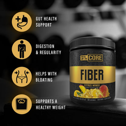 5% Nutrition Core Fiber Powder - Prebiotic Soluble High Fiber Blend Supplement, Sugar Free with Fibersol, Fructooligosaccharides (FOS), Polydextrose & Psyllium Husk - Citrus Mango Flavor, 30 Servings