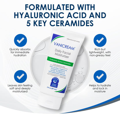 Vanicream Daily Facial Moisturizer With Ceramides and Hyaluronic Acid - Formulated Without Common Irritants for Those with Sensitive Skin, 3 fl oz (Pack of 1)