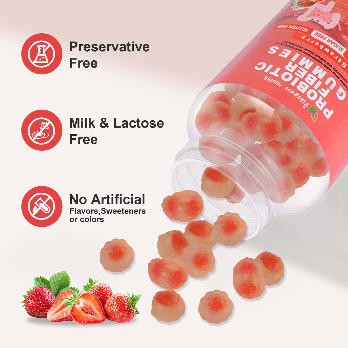 Vikaywoo Probiotic Fiber Gummies for Adults, No Sugar Added Strawberry Flavor– 2 Billion CFUs –Vitamin C,Vitamin D–Digestive Health & Regularity Support(120 Count)