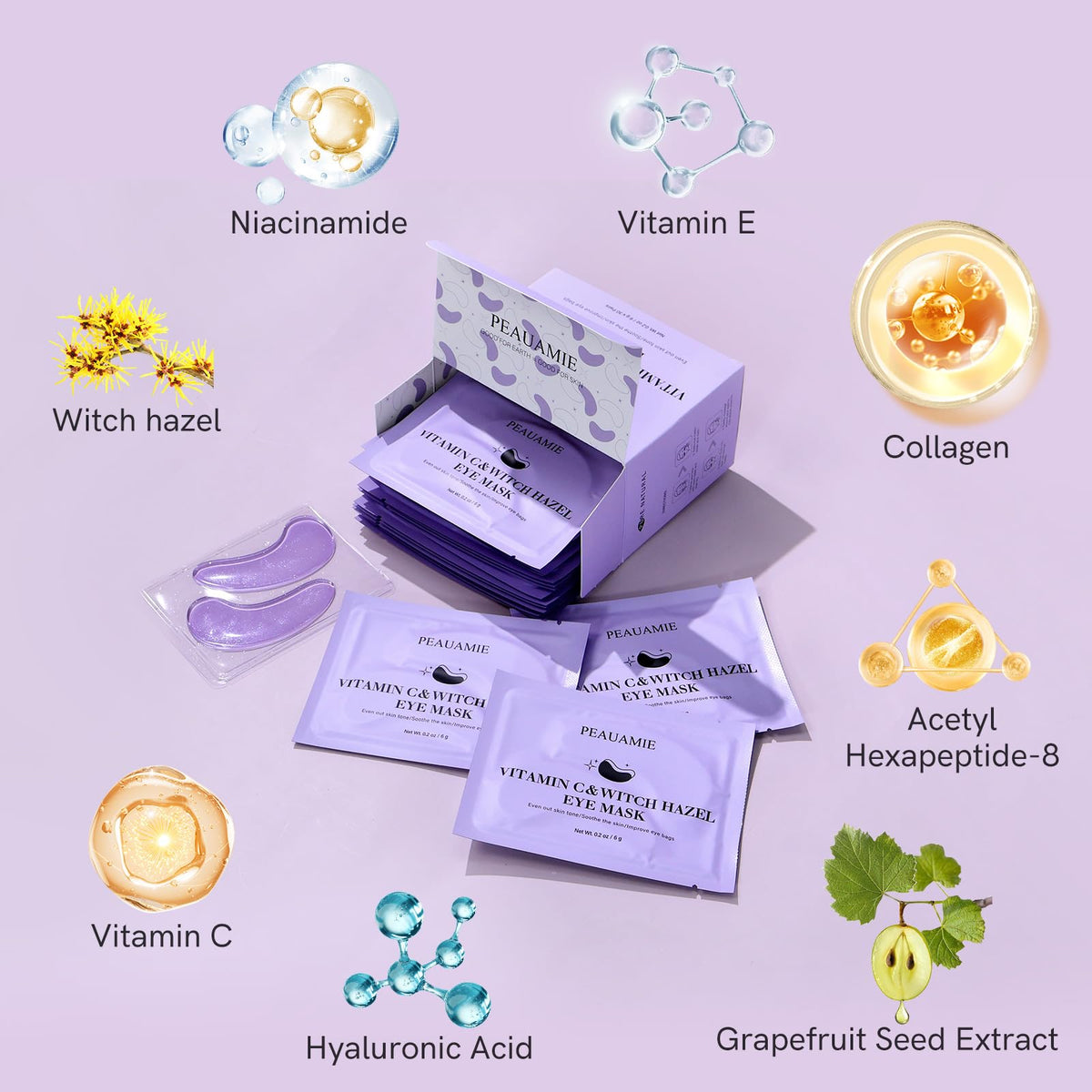 PEAUAMIE Under Eye Patches (30 Pairs) - Brightening Vitamin C & Soothing Witch Hazel Eye Mask for Dark Circles & Puffiness