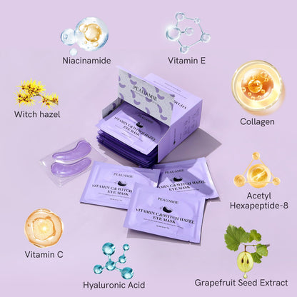 PEAUAMIE Under Eye Patches (30 Pairs) - Brightening Vitamin C & Soothing Witch Hazel Eye Mask for Dark Circles & Puffiness
