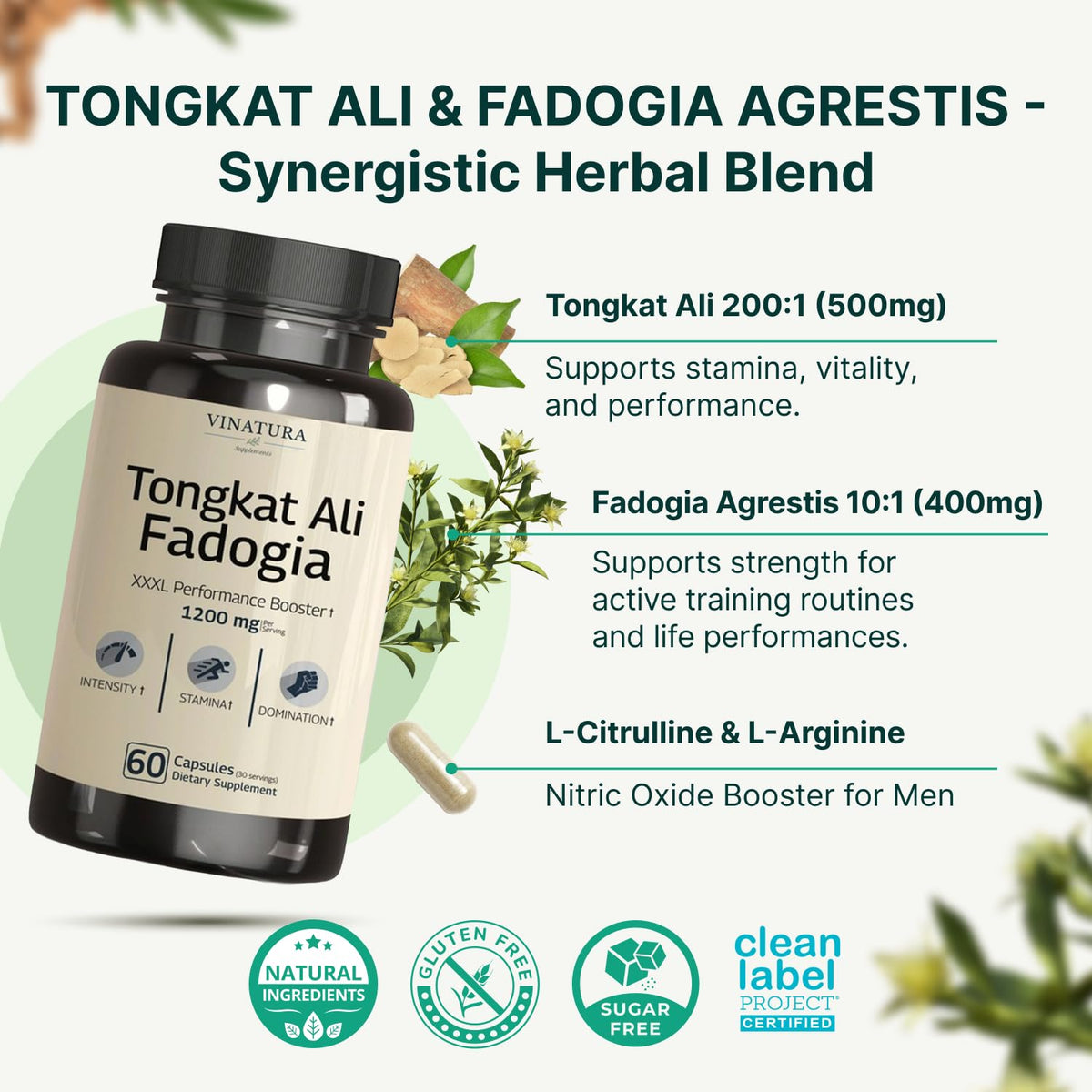 Tongkat Ali & Fadogia Agrestis 1200mg for Men - Nitric Oxide & Testosterone Support Supplement - Longjack Performance Formula (60 Capsules)