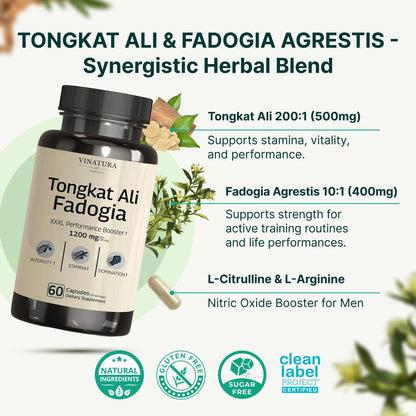Tongkat Ali & Fadogia Agrestis 1200mg for Men - Nitric Oxide & Testosterone Support Supplement - Longjack Performance Formula (60 Capsules)