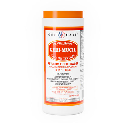 Geri-Mucil Psyllium Powder By GeriCare - 4-In-1 Orange-Flavor Psyllium Husk Powder - Daily Fiber Supplement - Sweetened Gluten-Free Fiber Drink Mix - Water-Soluble Husk Fiber Powder For Bowel Movement - 13oz