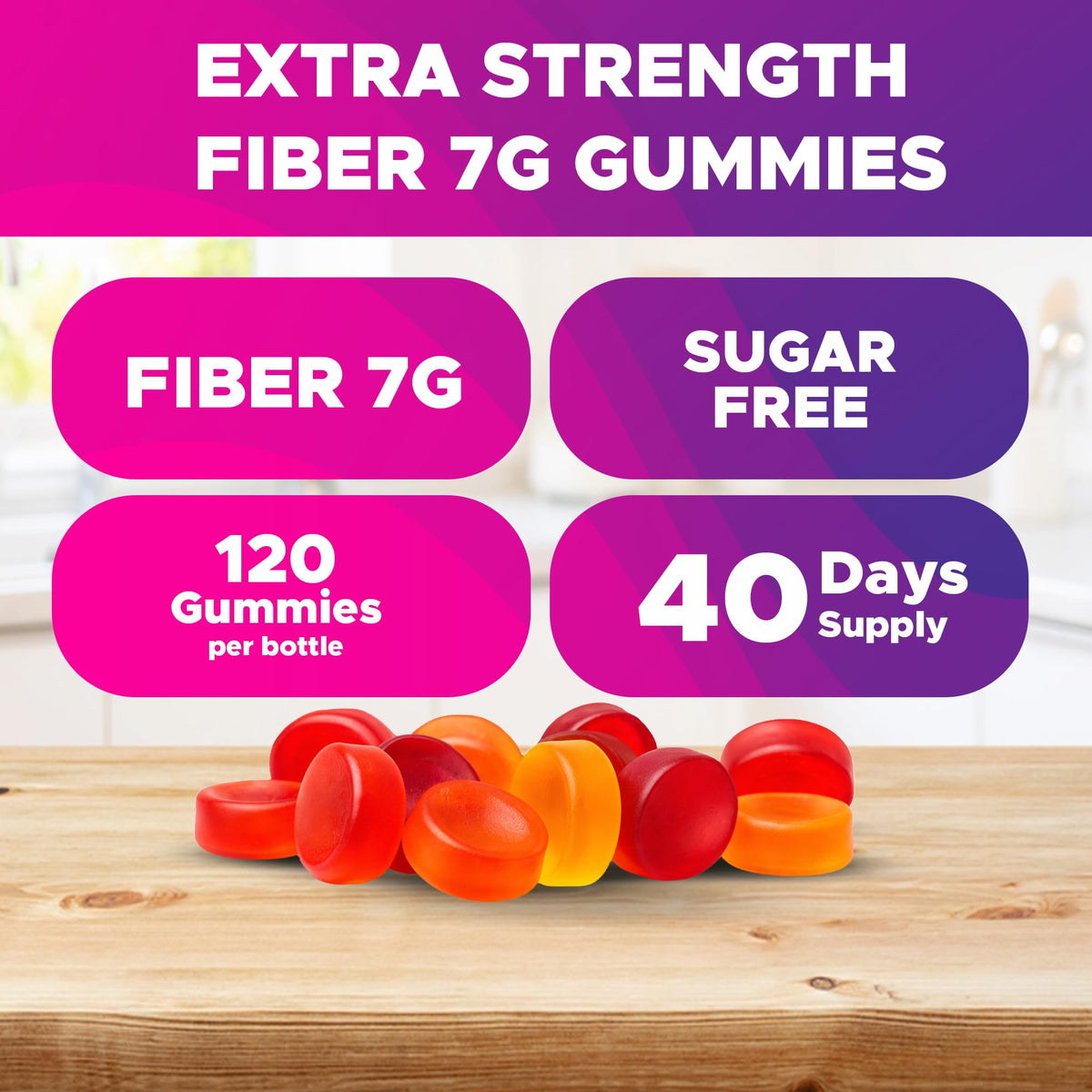 Vitabod Fiber Gummies 7G Per Serving for Digestive Health & Regularity, Prebiotic GOFOS Plant-Based Fiber, No Sugar Added, Vegan, Berry Peach Strawberry, 120 Gummies (Adults, Women & Men)