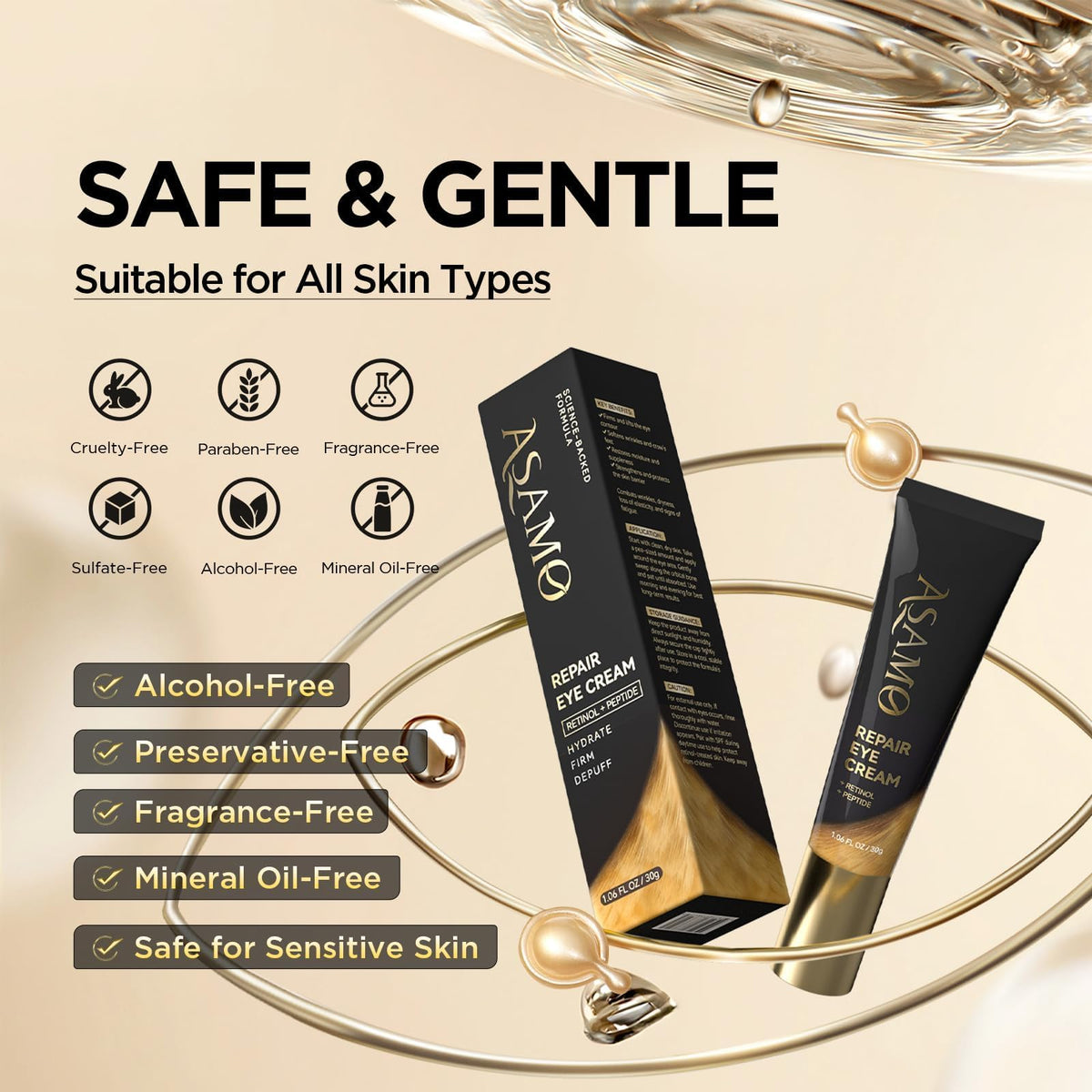 ASAMO Retinol & Peptides Eye Cream (1.06 fl oz) - Advanced Anti-Aging Treatment for Fine Lines, Puffiness & Under-Eye Shadows