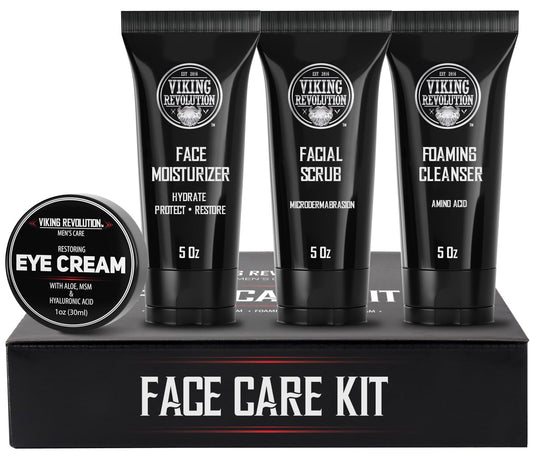 Viking Revolution Men's Facial Skin Care Kit - Includes Rejuvenating Face Moisturizer, Microdermabrasion Facial Scrub, Foaming Cleanser (5oz Each) and Eye Cream (1oz)