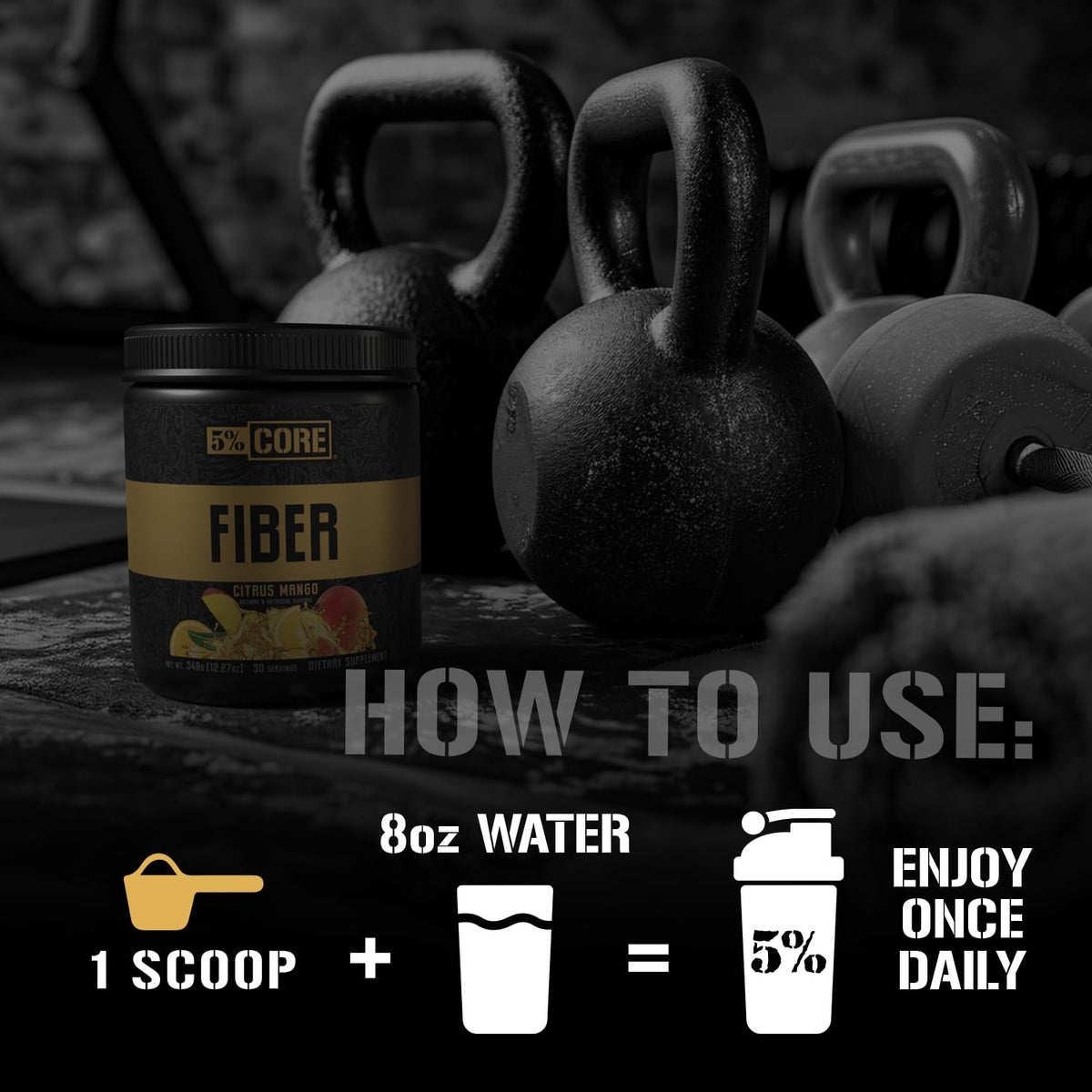 5% Nutrition Core Fiber Powder - Prebiotic Soluble High Fiber Blend Supplement, Sugar Free with Fibersol, Fructooligosaccharides (FOS), Polydextrose & Psyllium Husk - Citrus Mango Flavor, 30 Servings