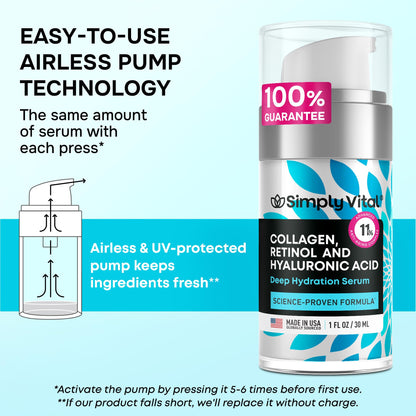 SimplyVital Collagen, Retinol & Hyaluronic Acid Serum - Anti-Aging Moisturizer for Face, Neck & Décolleté - Made in USA, Deep Moisturizing Skin Care Complex - Hydrating Facial Serum for Women, 1 fl.oz