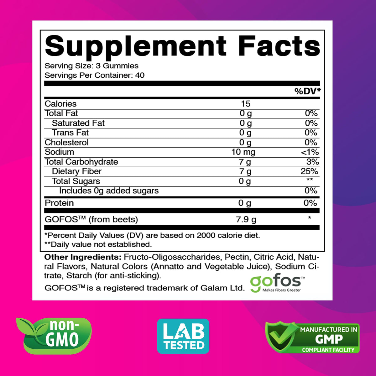 Vitabod Fiber Gummies 7G Per Serving for Digestive Health & Regularity, Prebiotic GOFOS Plant-Based Fiber, No Sugar Added, Vegan, Berry Peach Strawberry, 120 Gummies (Adults, Women & Men)