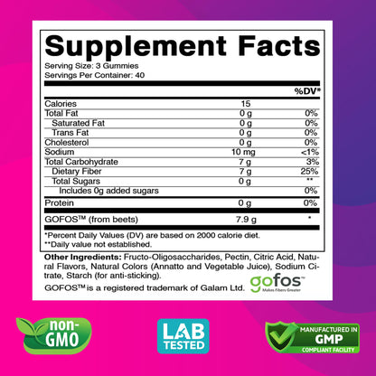 Vitabod Fiber Gummies 7G Per Serving for Digestive Health & Regularity, Prebiotic GOFOS Plant-Based Fiber, No Sugar Added, Vegan, Berry Peach Strawberry, 120 Gummies (Adults, Women & Men)