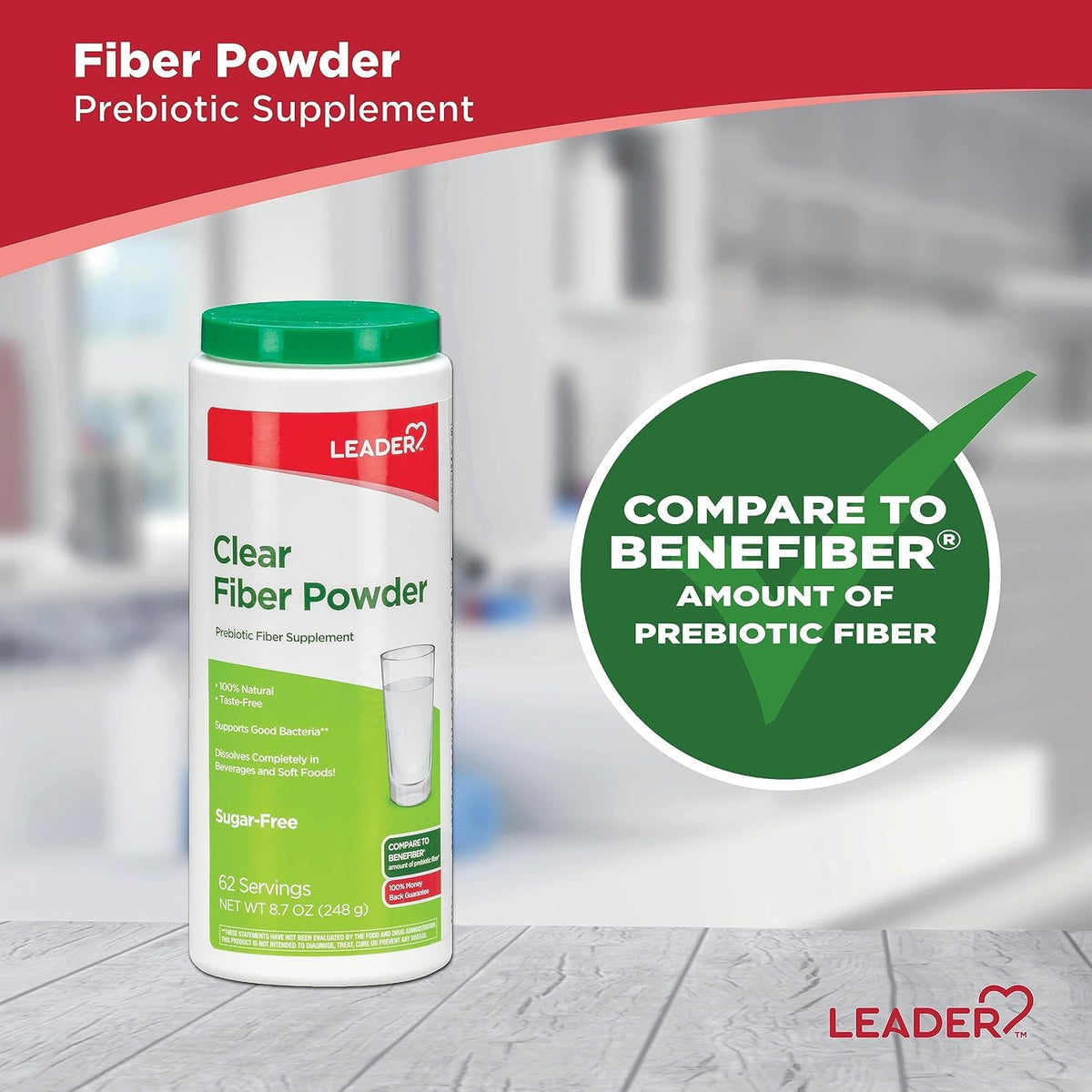 Leader Prebiotic Fiber Supplement Powder for Digestive Health, 100% Natural Daily Fiber Powder, Sugar-Free, Taste-Free, Gluten Free, Non-GMO, Unflavored, 62 Servings (8.7 OZ) (Pack of 4)