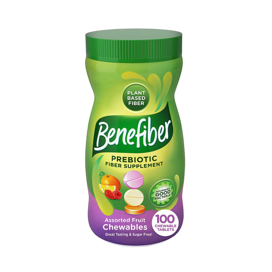 Benefiber Chewable Prebiotic GLP-1 Friendly Fiber Supplement Tablets for Digestive Health, Assorted Fruit Flavors - 100 Count (Pack of 12)
