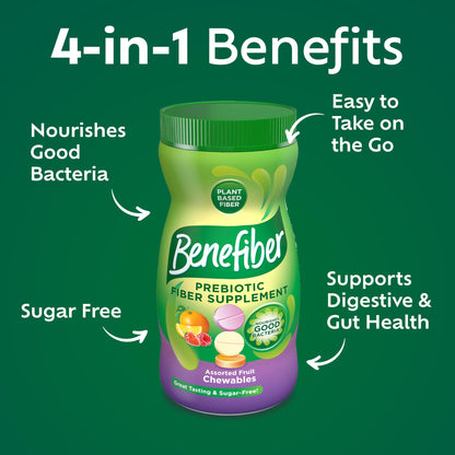 Benefiber Chewable Prebiotic GLP-1 Friendly Fiber Supplement Tablets for Digestive Health, Assorted Fruit Flavors - 100 Count (Pack of 12)