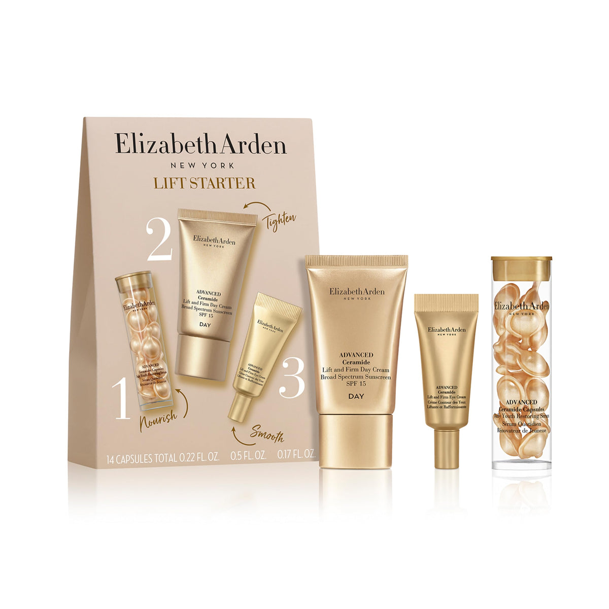 Elizabeth Arden Lift Starter 3-Piece Skincare Gift Set for Women, Includes Mini Travel-Sized Day Cream with Sunscreen 0.5 fl.oz, 14-Piece Serum Capsules & Eye Cream .17 fl.oz, 3 count