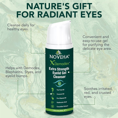 NOVEHA Demodex Extra Strength Eyelid Gel Cleanser - Tea Tree Oil Eyelid Cleanser for Dry Eye, MGD & Itchy Eyelids (3 Pack, 50ml)