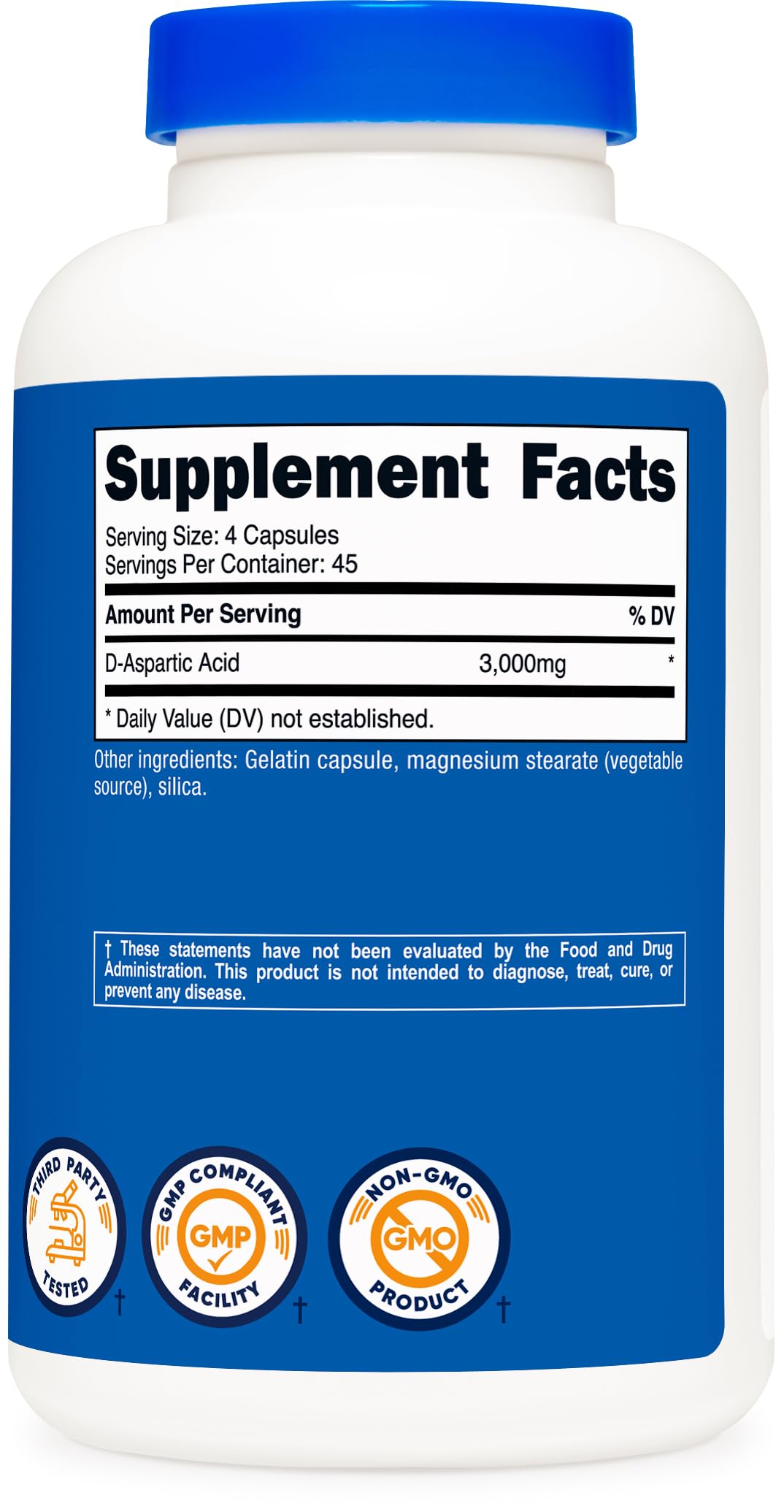 D-Aspartic Acid (DAA) 3000mg for Men - Testosterone Support & Performance Amino Acid Supplement - Nutricost (180 Capsules, Non-GMO)