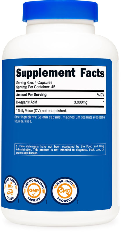 D-Aspartic Acid (DAA) 3000mg for Men - Testosterone Support & Performance Amino Acid Supplement - Nutricost (180 Capsules, Non-GMO)