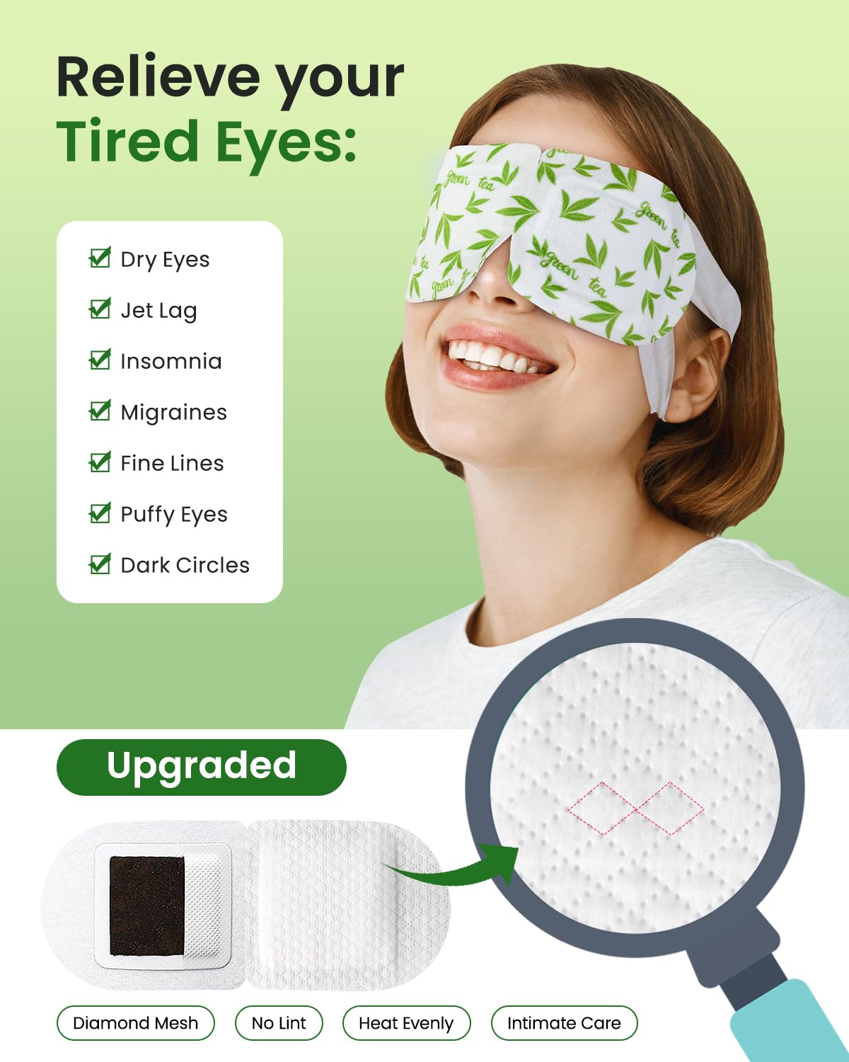 16-Pack Green Tea Steam Eye Masks - Antioxidant Warm Compress for Dry Eyes, Puffy Eyes & Fatigue - Self-Heating Disposable Travel Relaxation Set