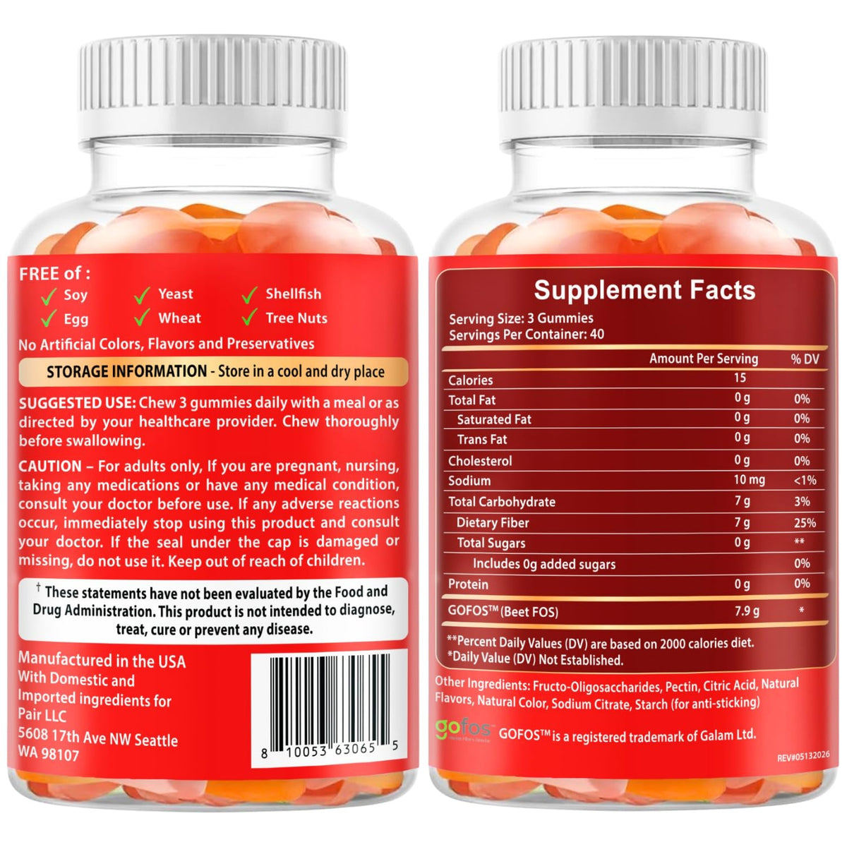 VITBOOST Prebiotic Fiber Gummies 7g - 120 Count - No Sugar Added, Vegan, Pectin-Based (No Gelatin), Non-GMO, Made in USA - Digestive & Gut Health Support