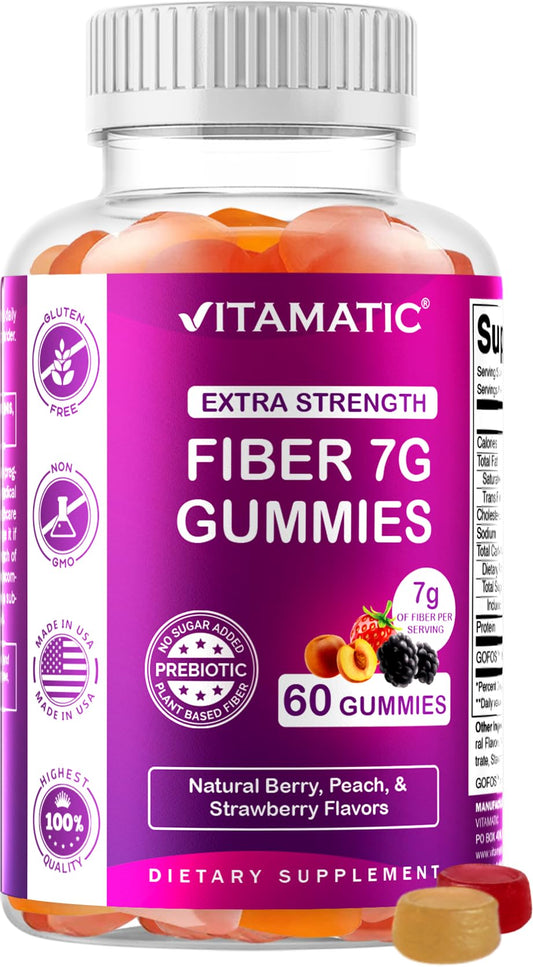 Vitamatic Prebiotic Fiber Gummies for Adults - 7g Fiber per Serving - 60 Pectin-Based Gummies Extra Strength, Zero Sugar Added - Supports Digestive Health & Regularity - Non-GMO, Vegan, Gluten-Free