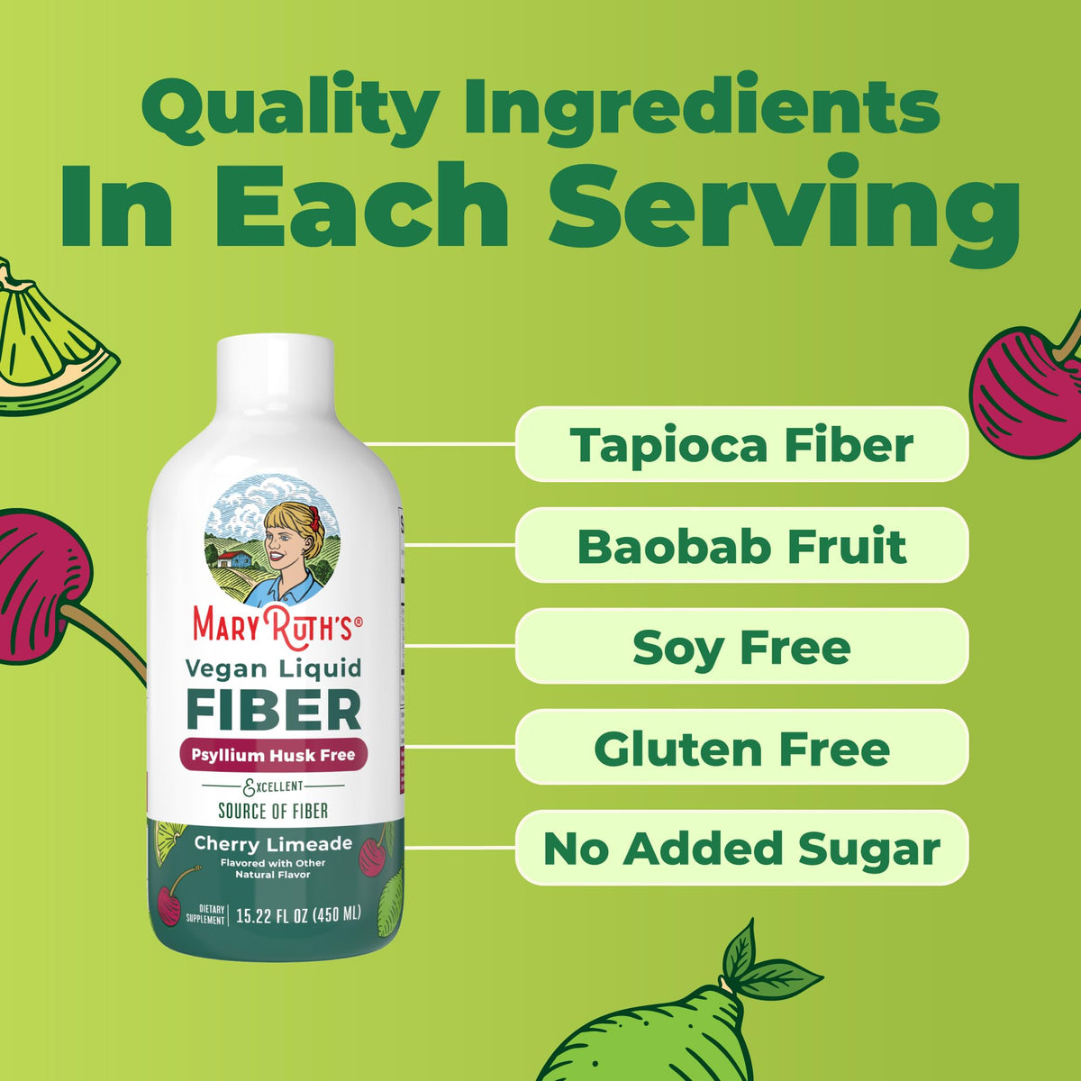 MARYRUTH'S Liquid Fiber for Ages 1+ - Up to 7g FiberSMART Tapioca Fiber Excellent Source - Baobab Fruit - Psyllium Husk Free - Vegan - Gluten Free - No Added Sugar - 15.22 oz