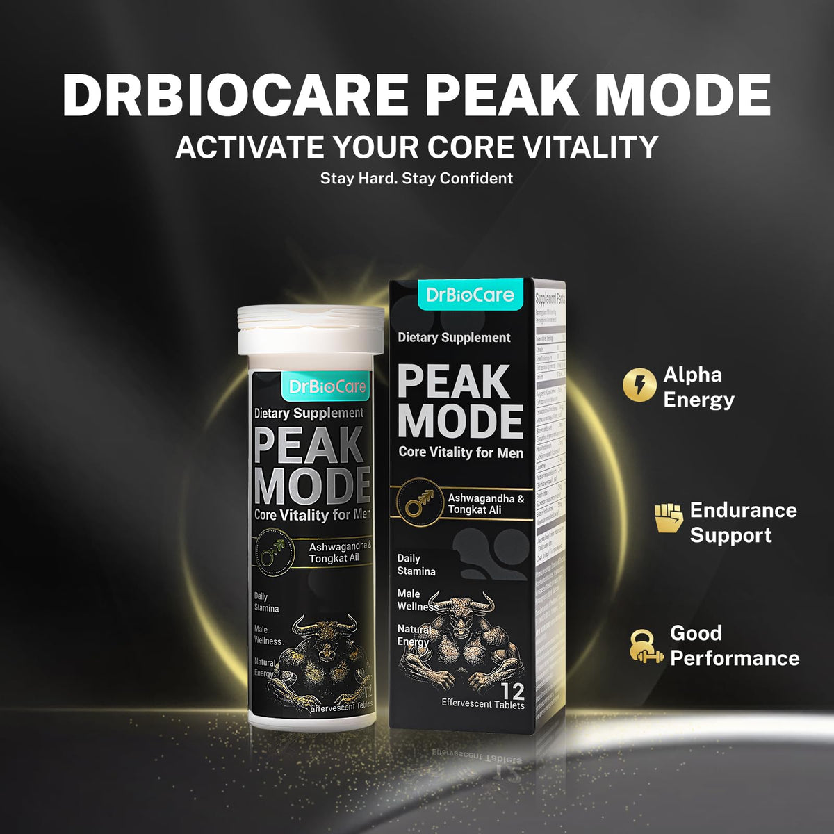 DrBioCare Peak Mode Core Vitality 7-in-1 Effervescent Tablets for Men - Tongkat Ali, Maca, L-Arginine & Ashwagandha - Stamina, Drive & Performance Support (Berry Flavor, 12 Tablets)