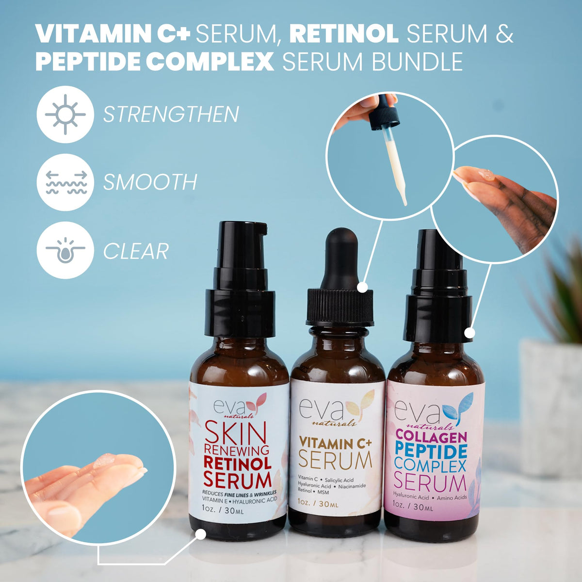 Eva Naturals Trifecta Face Serum Set - Retinol, Vitamin C & Peptides with Hyaluronic Acid & Niacinamide - Anti-Aging Skincare Bundle for Women - Collagen Boosting, Wrinkle & Spot Treatment