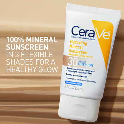 CeraVe Hydrating Mineral Sunscreen SPF 30 with Sheer Tint, Tinted Mineral Sunscreen with Zinc Oxide & Titanium Dioxide, Blends Seamlessly For Healthy Glow, Deep, 1.7 Oz