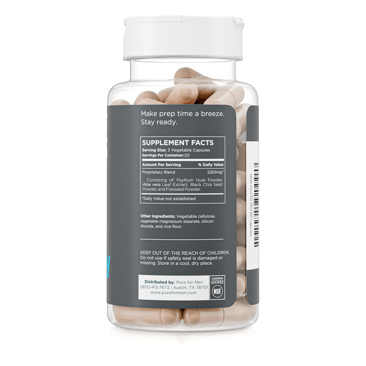Pure for Men Original Cleanliness Stay Ready Fiber Supplement - Helps Promote Digestive Regularity - Psyllium Husk, Aloe Vera, Chia Seeds, Flaxseeds - Proprietary Formula - 60 Vegan Capsules