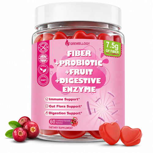 Grewellogy Fiber Gummies for Adults, Sugar Free Fiber Supplement with Prebiotics, Probiotics & Digestive Enzymes for Gut Health Support, 60 Count Cranberry Flavor, Vegan