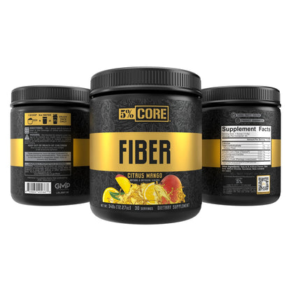 5% Nutrition Core Fiber Powder - Prebiotic Soluble High Fiber Blend Supplement, Sugar Free with Fibersol, Fructooligosaccharides (FOS), Polydextrose & Psyllium Husk - Citrus Mango Flavor, 30 Servings