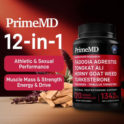 12-in-1 Testosterone Booster for Men - Fadogia Agrestis, Tongkat Ali & Turkesterone - Energy, Muscle & Libido Support - 1342mg Vegan Capsules