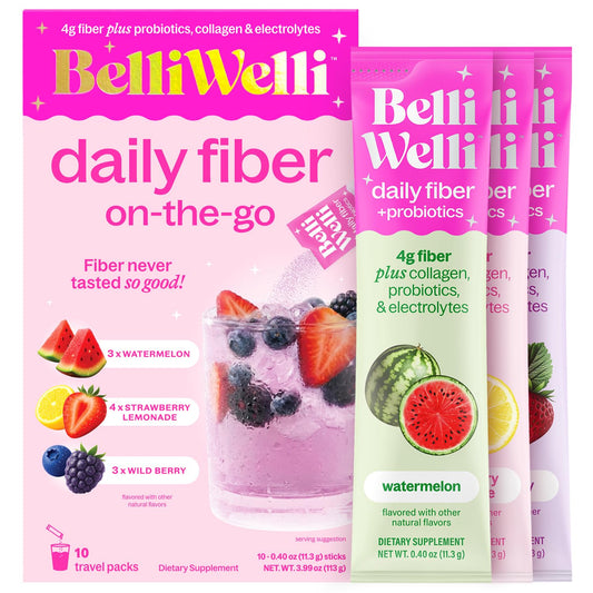 Belli Welli Daily Fiber Supplement Packets with Collagen, Probiotics & Electrolytes - Single Serve Packets for Gut Health, Digestion & Debloating - Variety - 10 Count