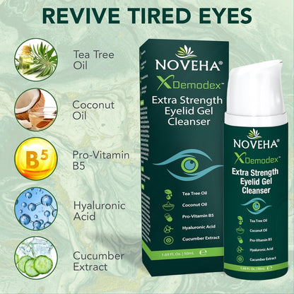 NOVEHA Demodex Extra Strength Eyelid Gel Cleanser - Tea Tree Oil Eyelid Cleanser for Dry Eye, MGD & Itchy Eyelids (3 Pack, 50ml)