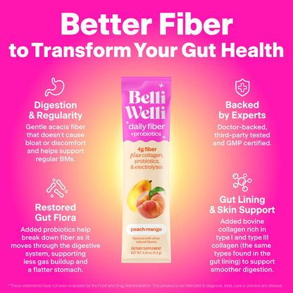 Belli Welli Fiber Supplement, Probiotics Fiber Powder Travel Pack for Women with Collagen & Electrolytes for Daily Gut Health & Debloating, Peach Mango, 10 Packets