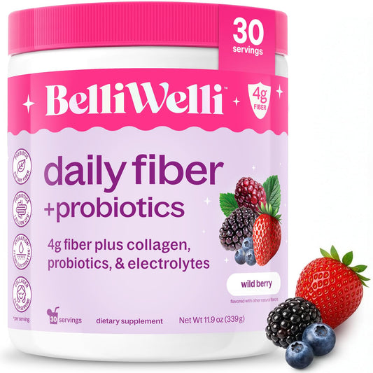 Belli Welli Fiber Supplement for Women & Men - Premium Daily Fiber Powder from Organic Acacia with Added Collagen, Electrolytes & Probiotics - No Bloat, Constipation & Gut Health Support (Wild Berry)