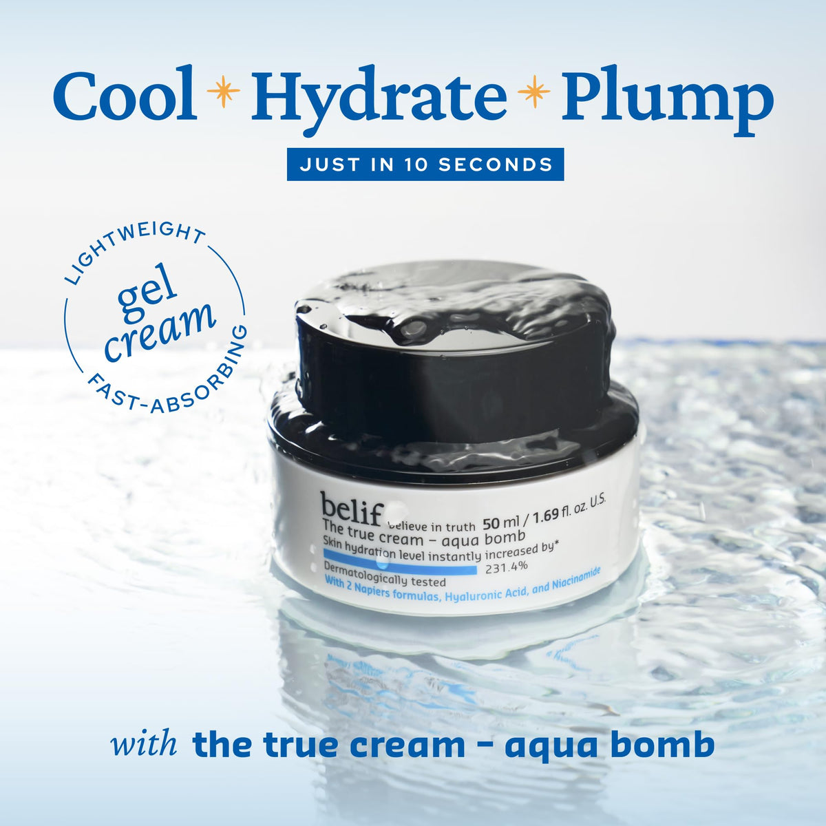 belif Aqua Bomb - Daily Niacinamide Hydrating Moisturizer, Lightweight Plumping Facial Cream with Hyaluronic Acid & Squalane, Cooling Effect, Anti-Aging, Korean Skincare, 1.68 fl oz (50ml)