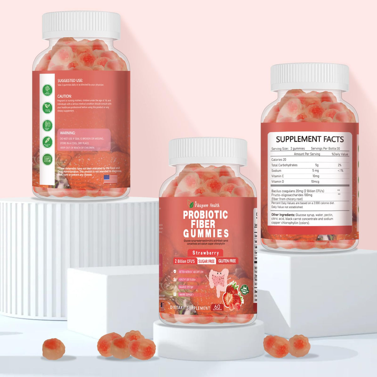 Vikaywoo Probiotic Fiber Gummies for Adults, No Sugar Added Strawberry Flavor– 120 Billion CFUs –Vitamin C,Vitamin D–Digestive Health & Regularity Support(60 Count)