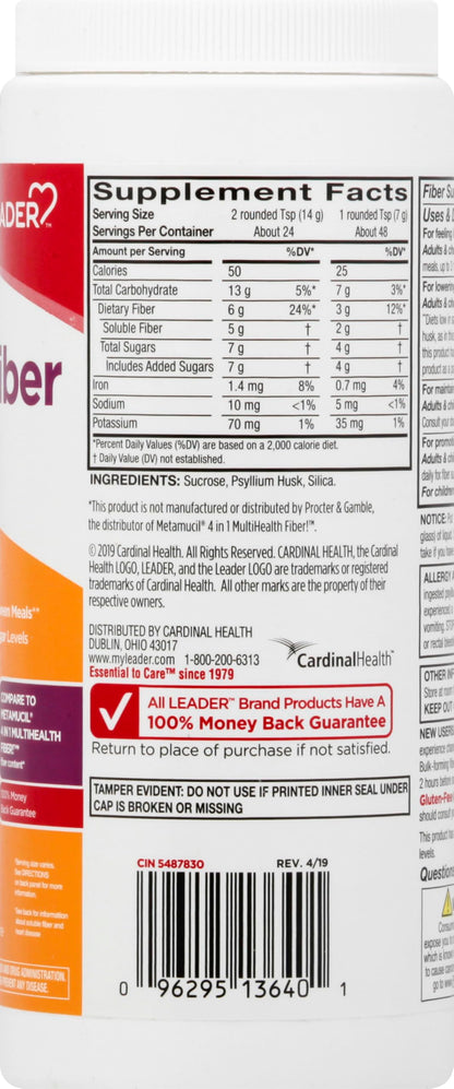 Leader Psyllium Husk Powder Supplement 4-in-1 Fiber for Digestive Health, Plant Based 100% Natural Psyllium Husk Daily Fiber, Gluten Free, Non-GMO, Compare to Meta-mucil Multihealth (13 OZ)