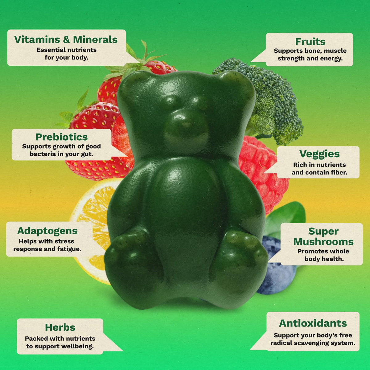Adult Greens Gummies & Daily Multivitamin, Prebiotic Fiber, 10 ct