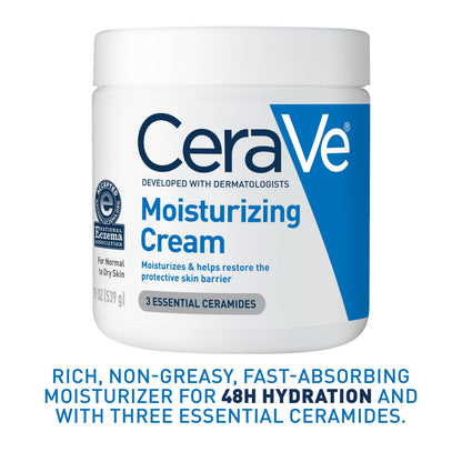 CeraVe Moisturizing Cream, Body and Face Moisturizer for Dry Skin, Body Cream with Hyaluronic Acid and Ceramides, Daily Moisturizer, Oil-Free, Fragrance Free, Non-Comedogenic, 19 Ounce