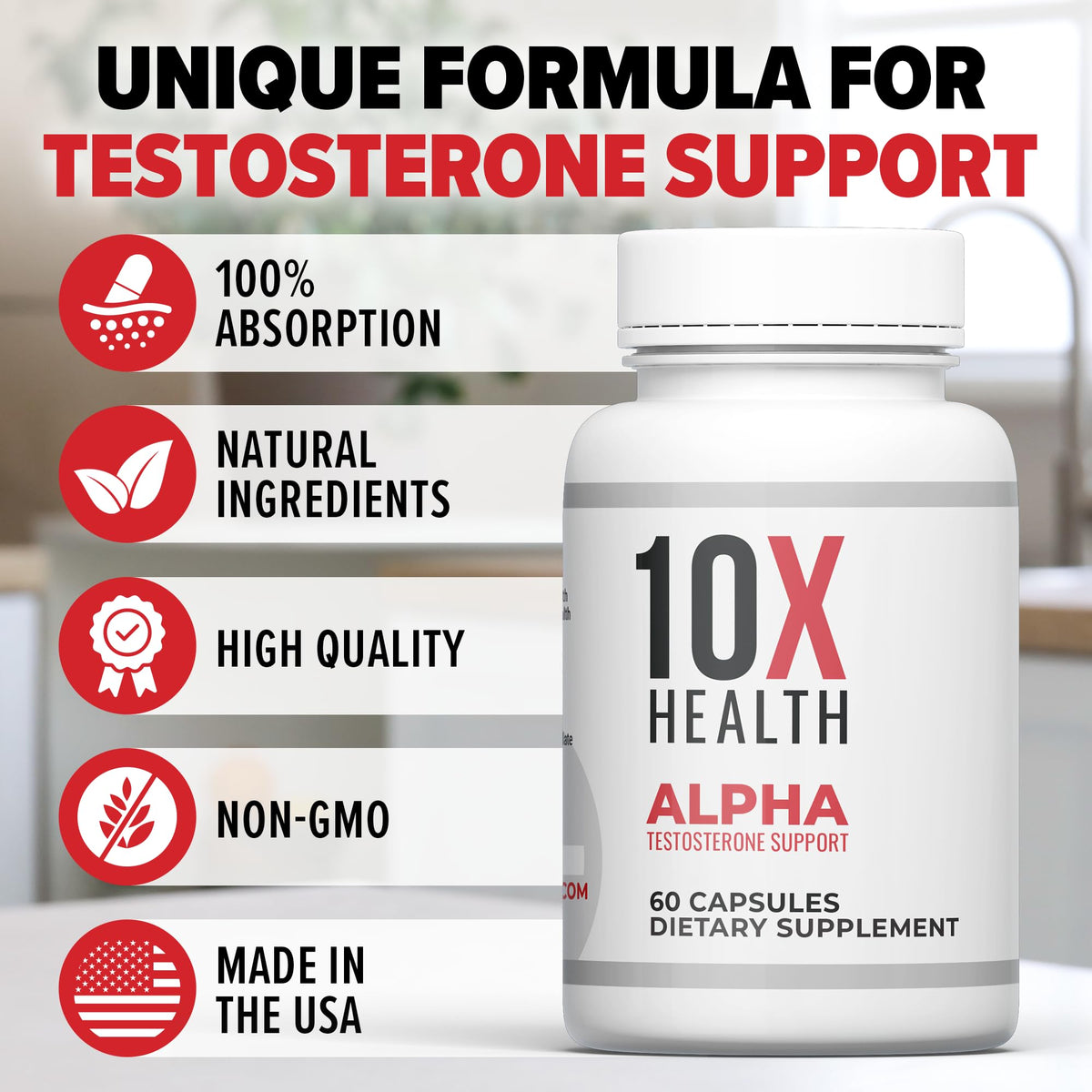 10X Health Alpha Testosterone Supplement for Men - Tongkat Ali 1000mg Strength, Vitality & Muscle Growth 60 Capsules