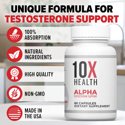 10X Health Alpha Testosterone Supplement for Men - Tongkat Ali 1000mg Strength, Vitality & Muscle Growth 60 Capsules