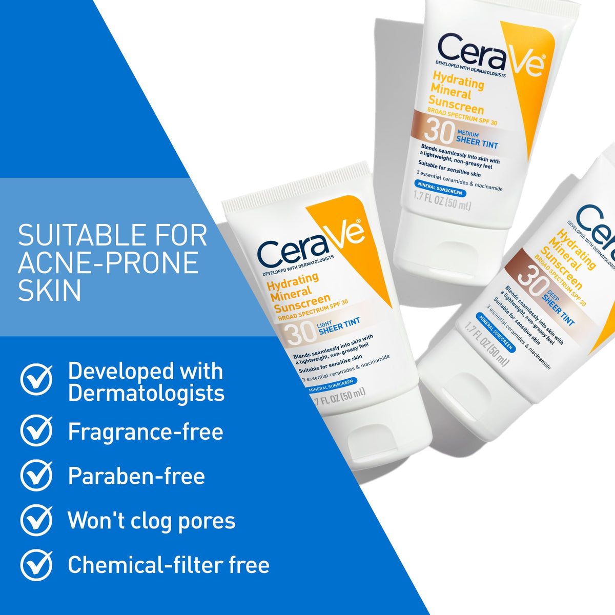 CeraVe Hydrating Mineral Sunscreen SPF 30 with Sheer Tint, Tinted Mineral Sunscreen with Zinc Oxide & Titanium Dioxide, Blends Seamlessly For Healthy Glow, Deep, 1.7 Oz