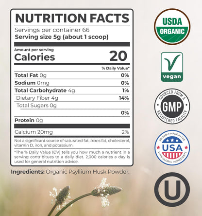 Psyllium Husk Powder Organic Certified - Finely Ground Whole Psyllium Husk Organic Fiber Powder for Baking Smoothies & More - Vegan Gluten Free Non-GMO & Filler Free Soluble Fiber (66 Servings)