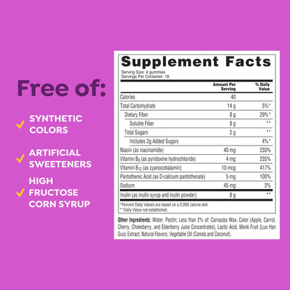 MiraFIBER Gummies, from The Makers of MiraLAX, 8g Per Serving, with B Vitamins, Metabolism Support, Gut Health for Men & Women, Prebiotic Fiber Gummies for Adults, Mixed Fruit Flavor 72Ct