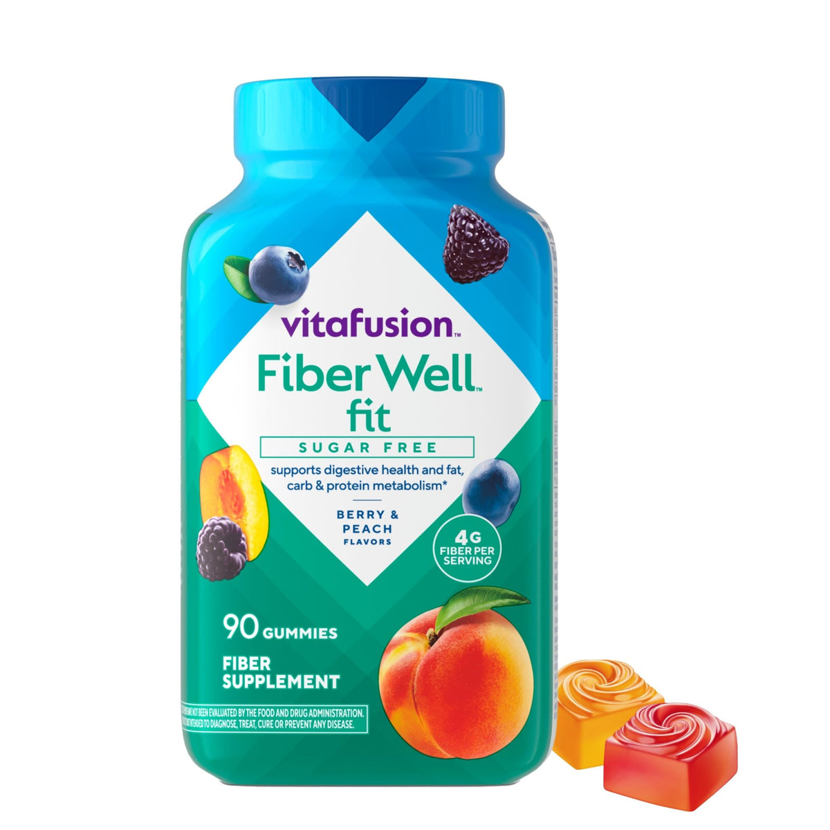 Vitafusion Fiber Well Fit Gummies - 4g - 90 Count - Sugar Free Adult Gummy - Vitamins For Women & Men - Berry & Peach Flavors - Gluten Free Supplement