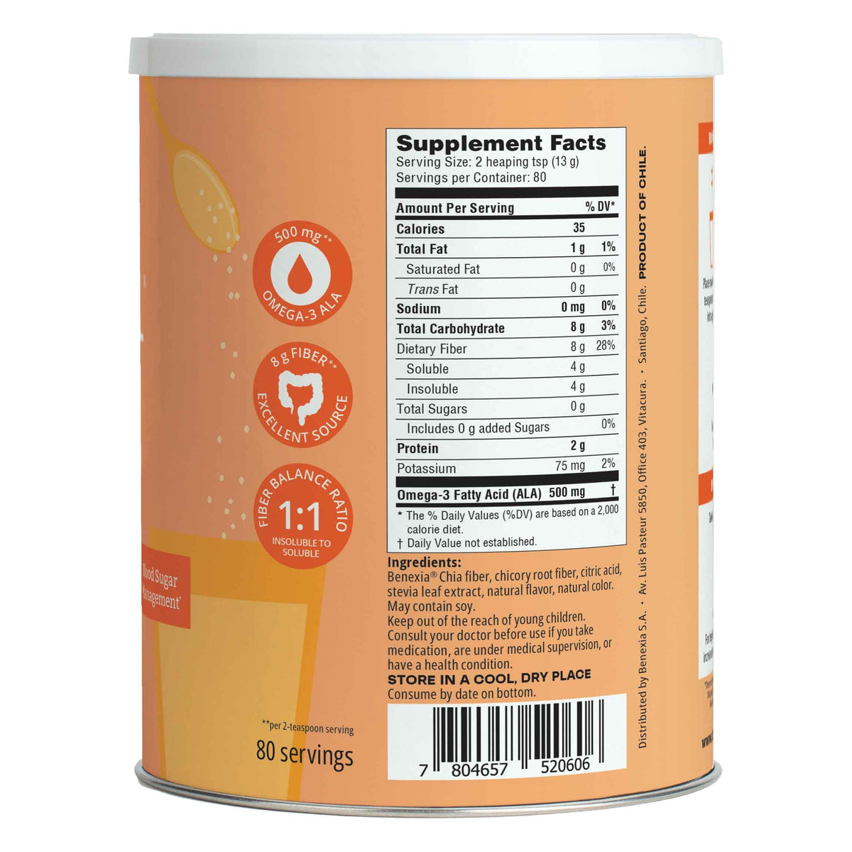 BENEXIA Chiamucil Prebiotic Chia & Inulin Fiber Powder, Orange, 80 Serv